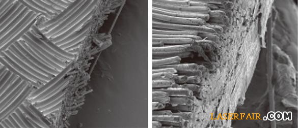 圖3、機(jī)械切割（左圖，放大500倍）和光纖激光器切割（右圖，放大1200倍）的邊緣切割質(zhì)量比較。