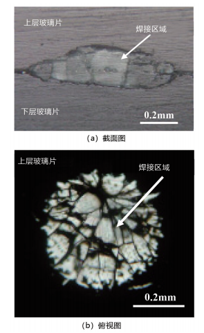 圖 6. 微分干涉差顯微鏡下的焊接區(qū)域微觀形貌（基片預(yù)熱溫度 293K，脈沖寬度 7.5ms，光束能量為 2.3J/ 脈沖）。