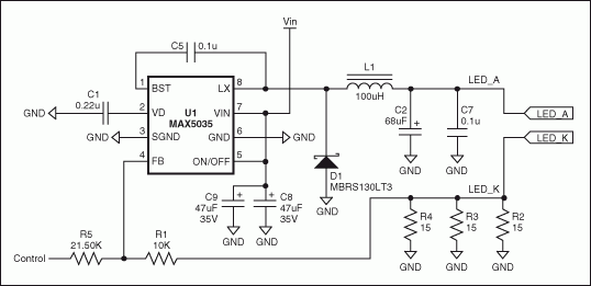 基于固定頻率、高集成度PWM開關(guān)轉(zhuǎn)換器MAX5035的高亮度LED電源原理圖