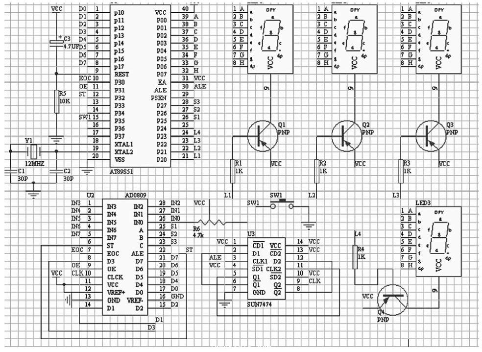 圖3 多氣體檢測(cè)系統(tǒng)電路