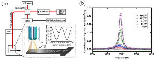 圖（a）實(shí)驗原理圖；（b）激光冷卻懸臂梁的振動噪聲譜。